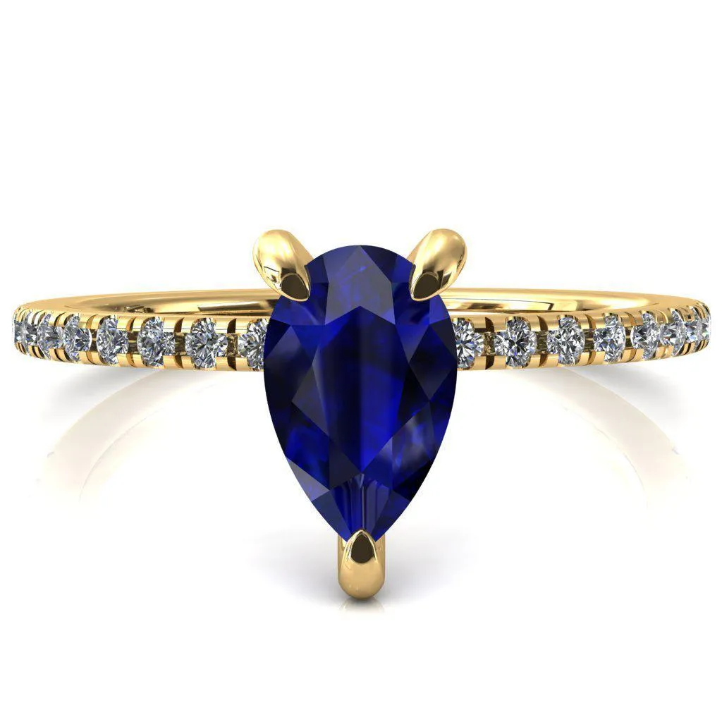 Mayeli Pear Blue Sapphire 3 Claw Prong Micro Pave Diamond Sides Engagement Ring