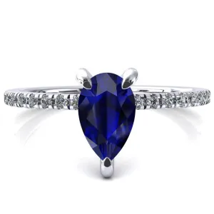 Mayeli Pear Blue Sapphire 3 Claw Prong Micro Pave Diamond Sides Engagement Ring