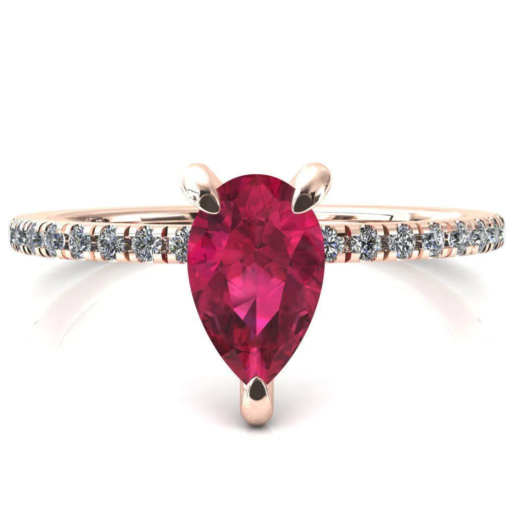 Mayeli Pear Ruby 3 Claw Prong Micro Pave Diamond Sides Engagement Ring