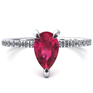 Mayeli Pear Ruby 3 Claw Prong Micro Pave Diamond Sides Engagement Ring