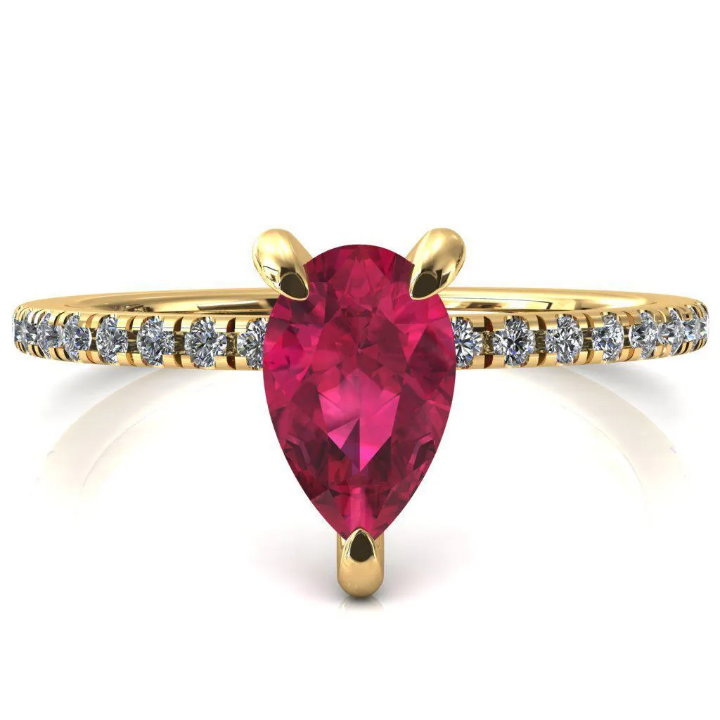 Mayeli Pear Ruby 3 Claw Prong Micro Pave Diamond Sides Engagement Ring