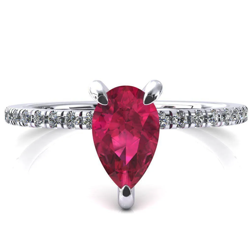 Mayeli Pear Ruby 3 Claw Prong Micro Pave Diamond Sides Engagement Ring