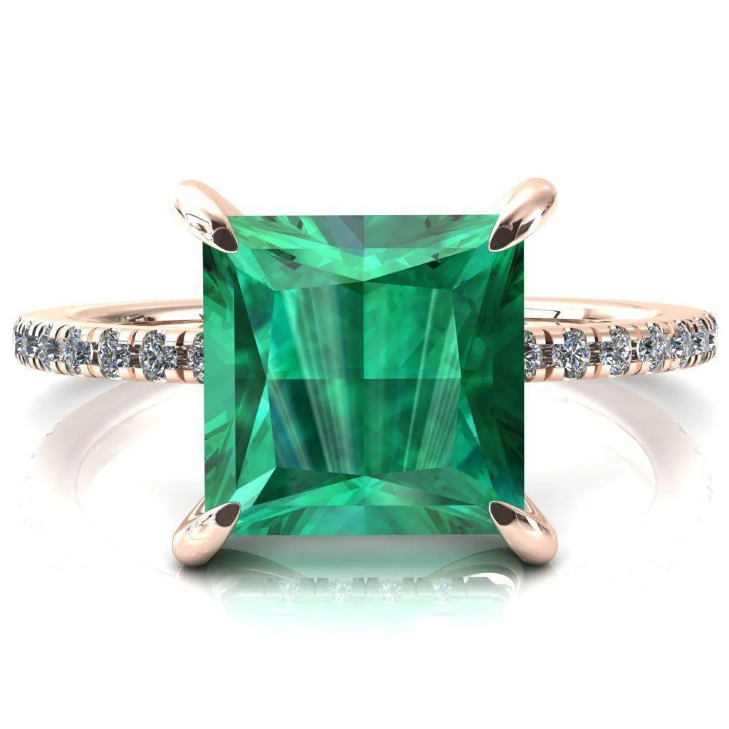 Mayeli Princess Emerald 4 Claw Prong Micro Pave Diamond Sides Engagement Ring