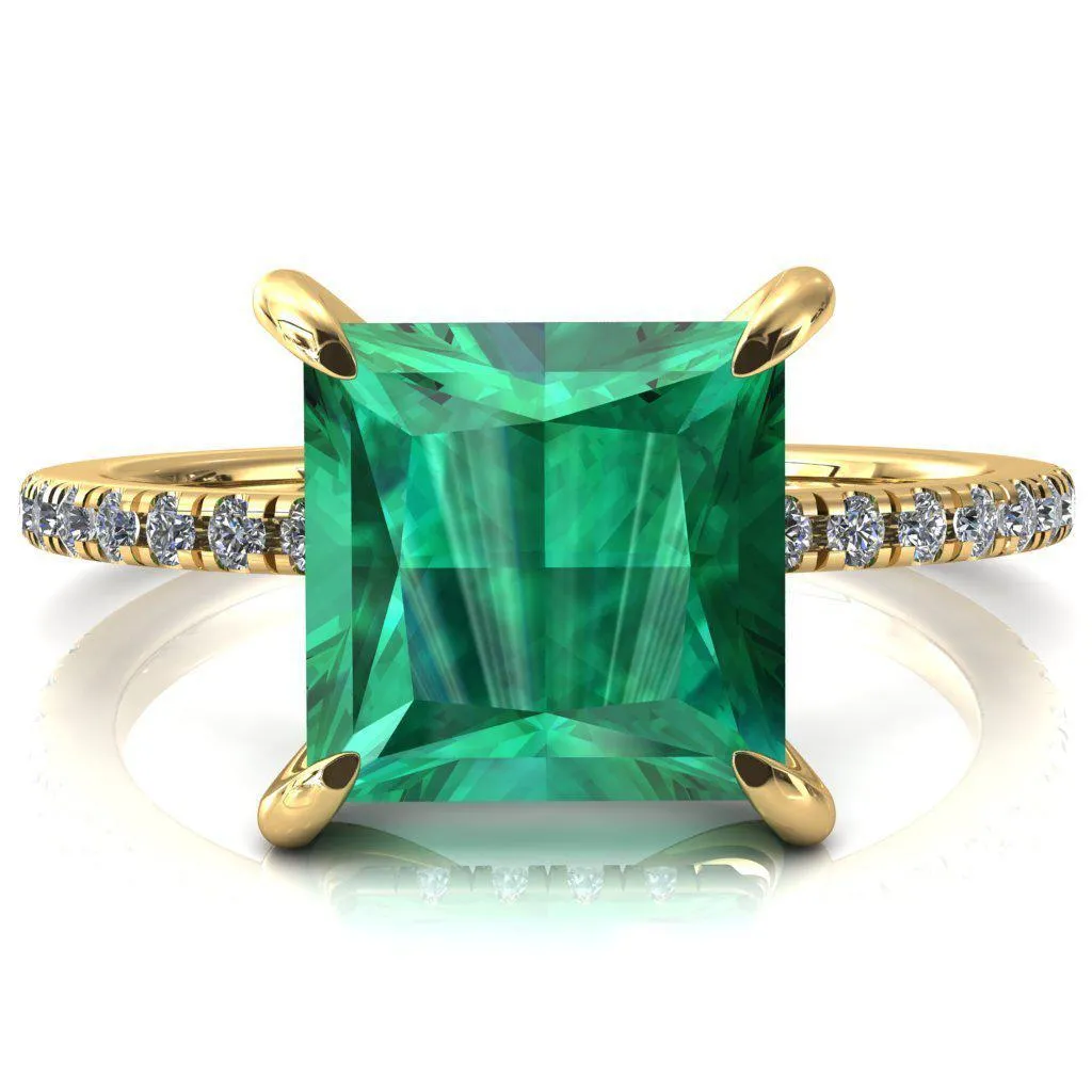 Mayeli Princess Emerald 4 Claw Prong Micro Pave Diamond Sides Engagement Ring