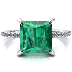 Mayeli Princess Emerald 4 Claw Prong Micro Pave Diamond Sides Engagement Ring