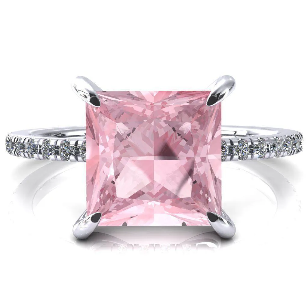 Mayeli Princess Pink Sapphire 4 Claw Prong Micro Pave Diamond Sides Engagement Ring