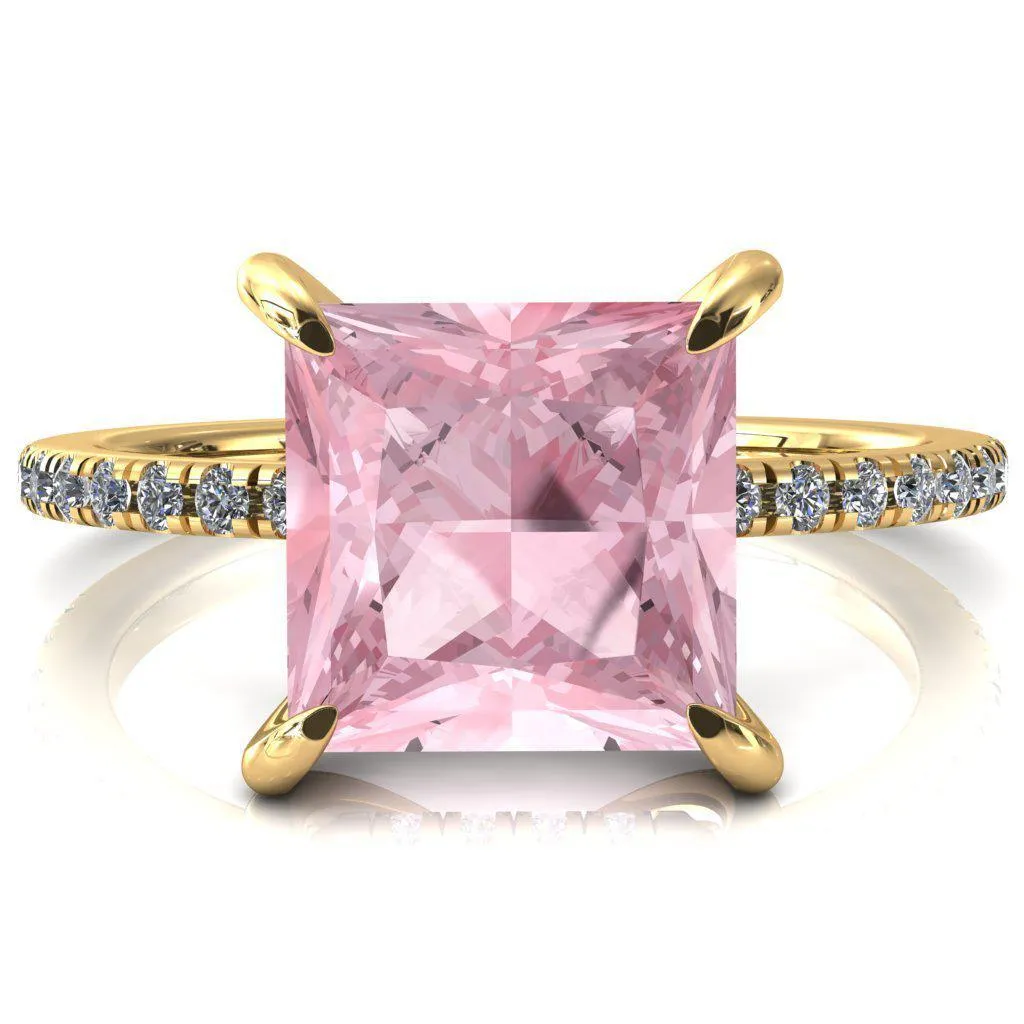 Mayeli Princess Pink Sapphire 4 Claw Prong Micro Pave Diamond Sides Engagement Ring