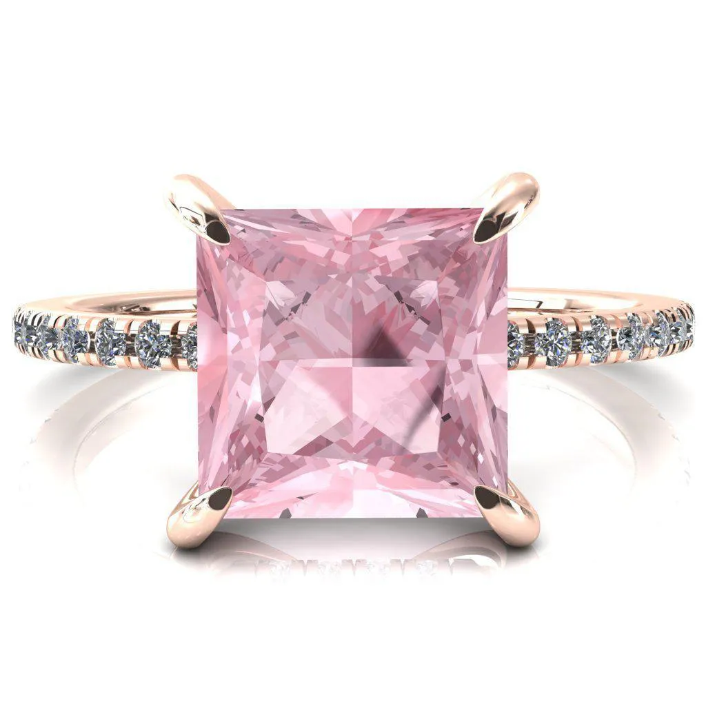 Mayeli Princess Pink Sapphire 4 Claw Prong Micro Pave Diamond Sides Engagement Ring