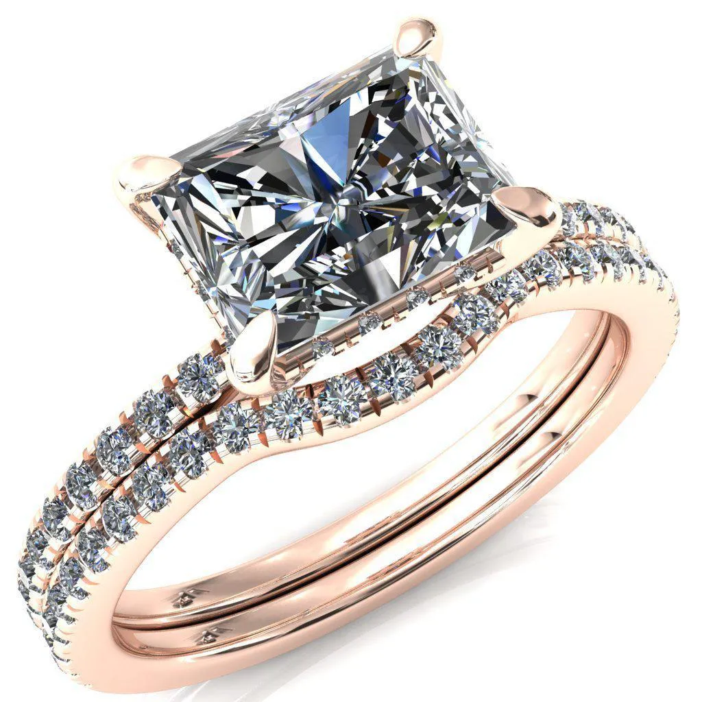 Mayeli Radiant Center Stone East-West 4 Claw Prong Micro Pave Diamond Sides Engagement Ring