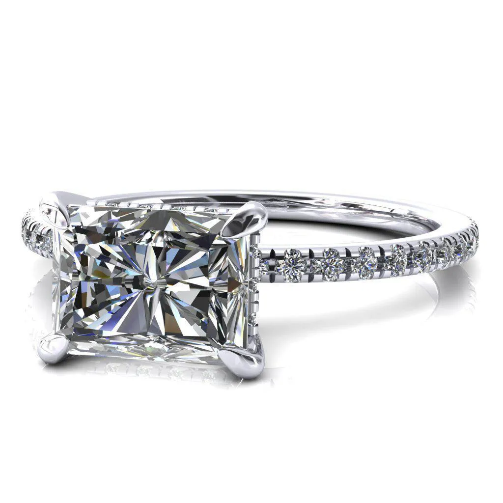 Mayeli Radiant Center Stone East-West 4 Claw Prong Micro Pave Diamond Sides Engagement Ring