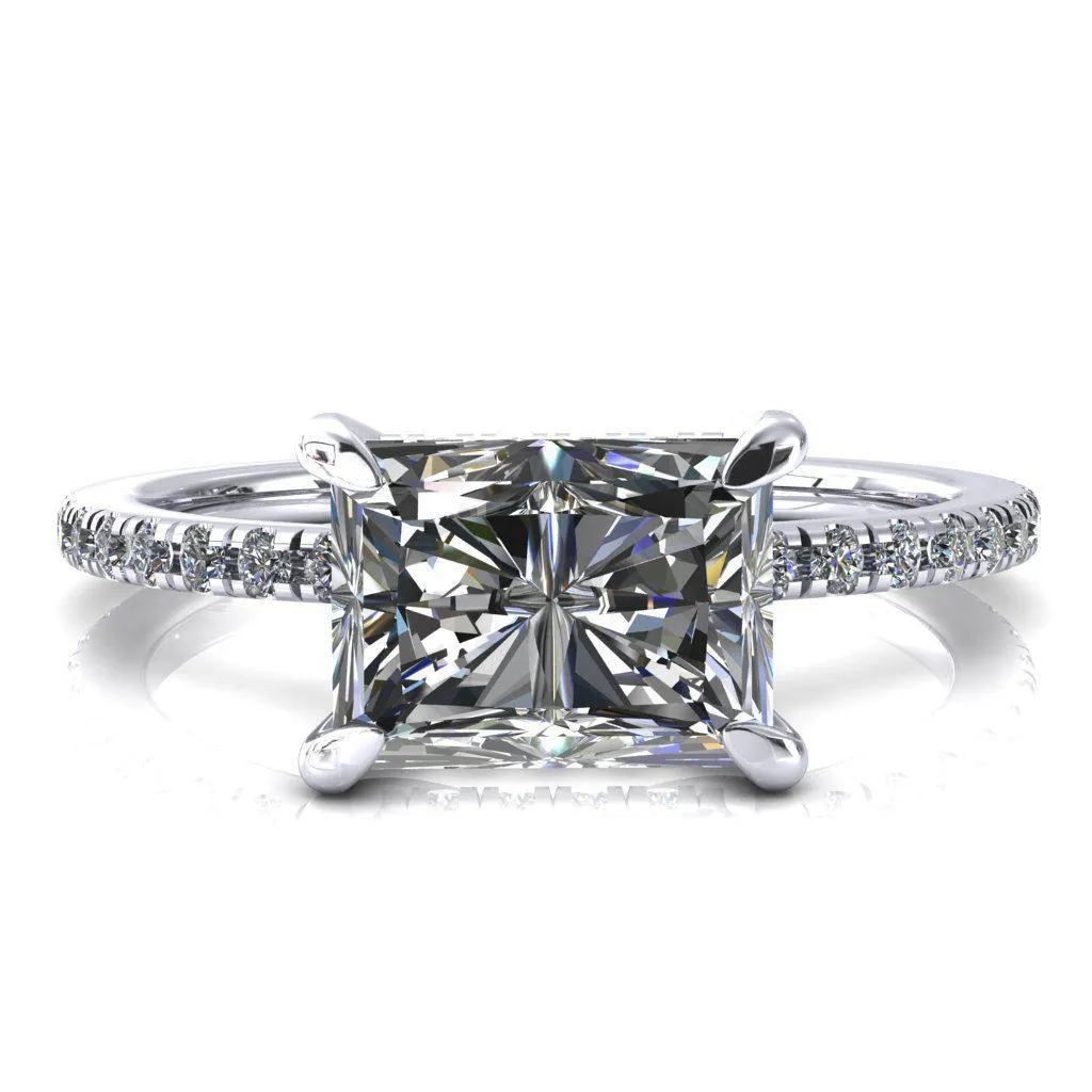 Mayeli Radiant Center Stone East-West 4 Claw Prong Micro Pave Diamond Sides Engagement Ring