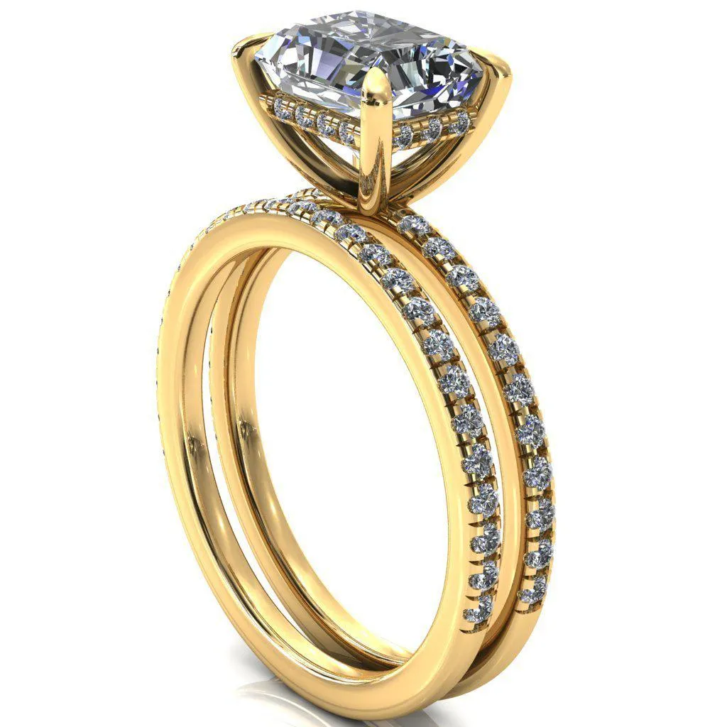 Mayeli Radiant Center Stone East-West 4 Claw Prong Micro Pave Diamond Sides Engagement Ring