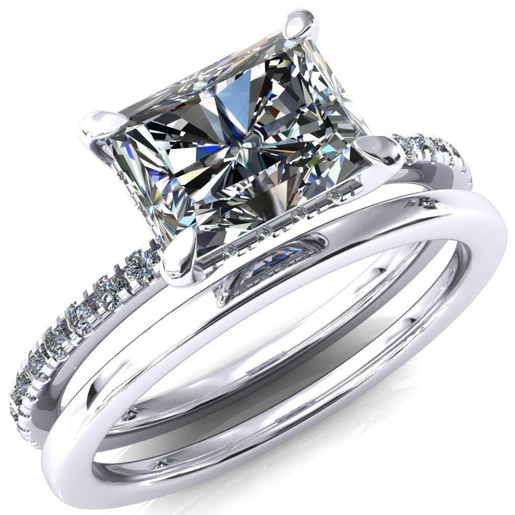 Mayeli Radiant Center Stone East-West 4 Claw Prong Micro Pave Diamond Sides Engagement Ring