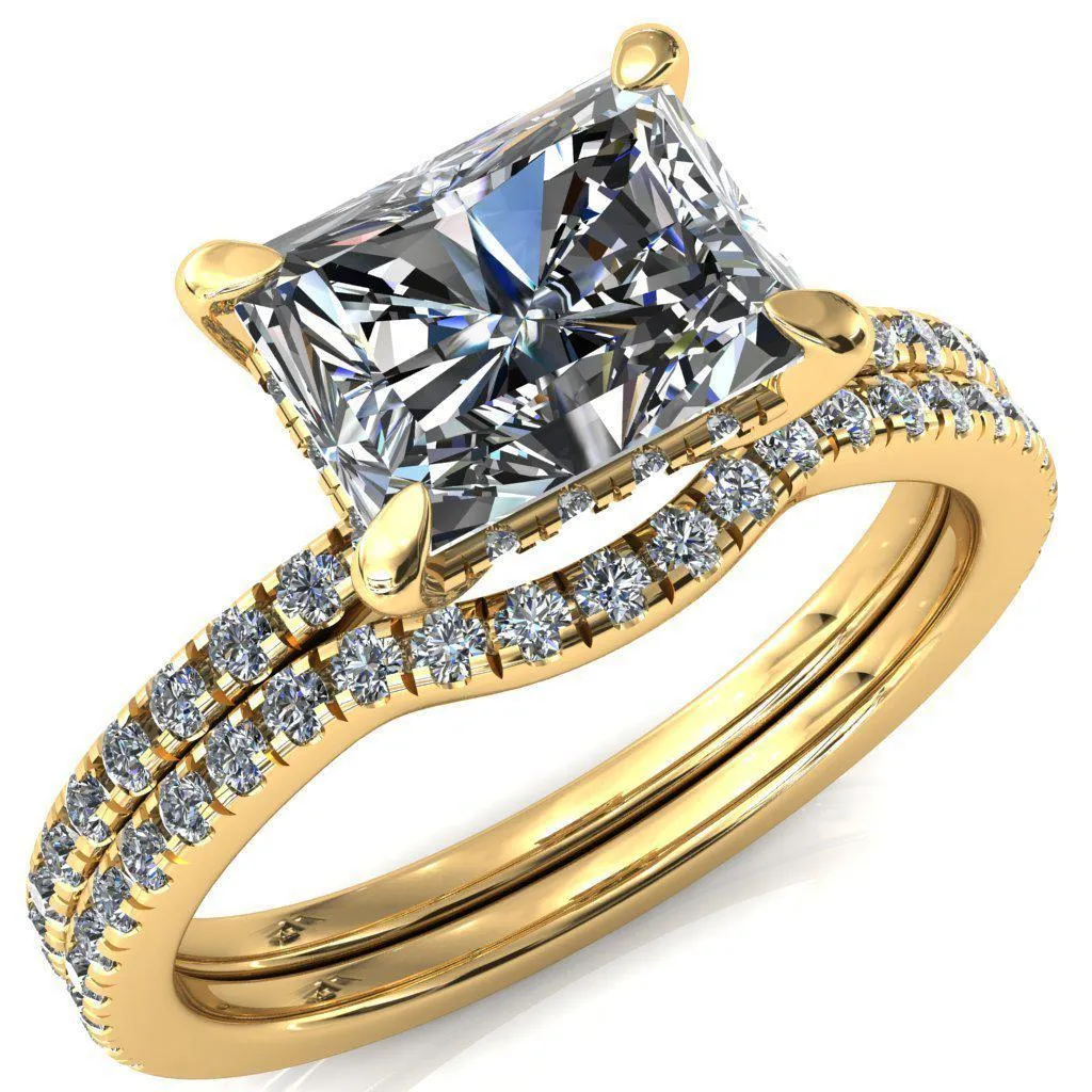 Mayeli Radiant Center Stone East-West 4 Claw Prong Micro Pave Diamond Sides Engagement Ring