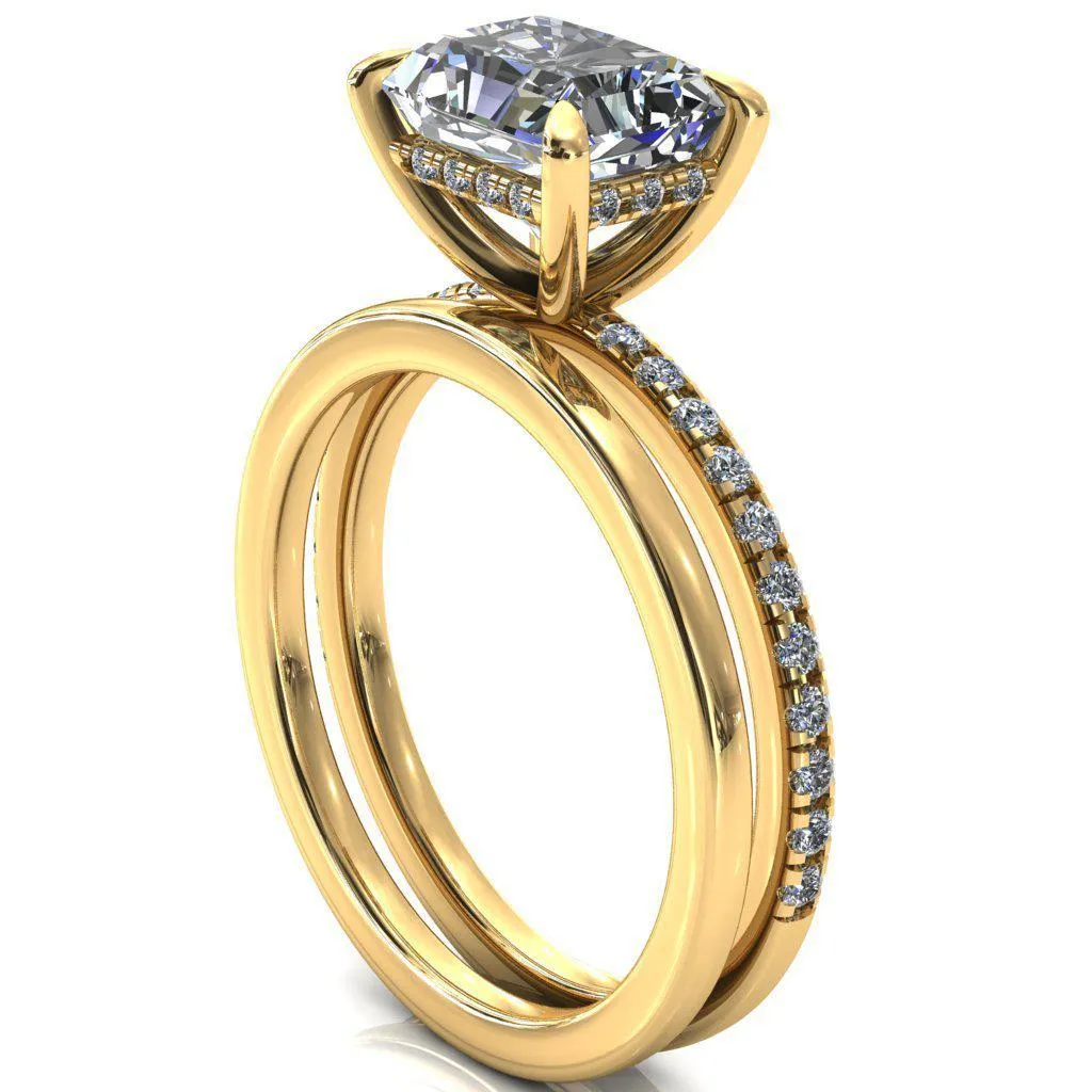 Mayeli Radiant Center Stone East-West 4 Claw Prong Micro Pave Diamond Sides Engagement Ring