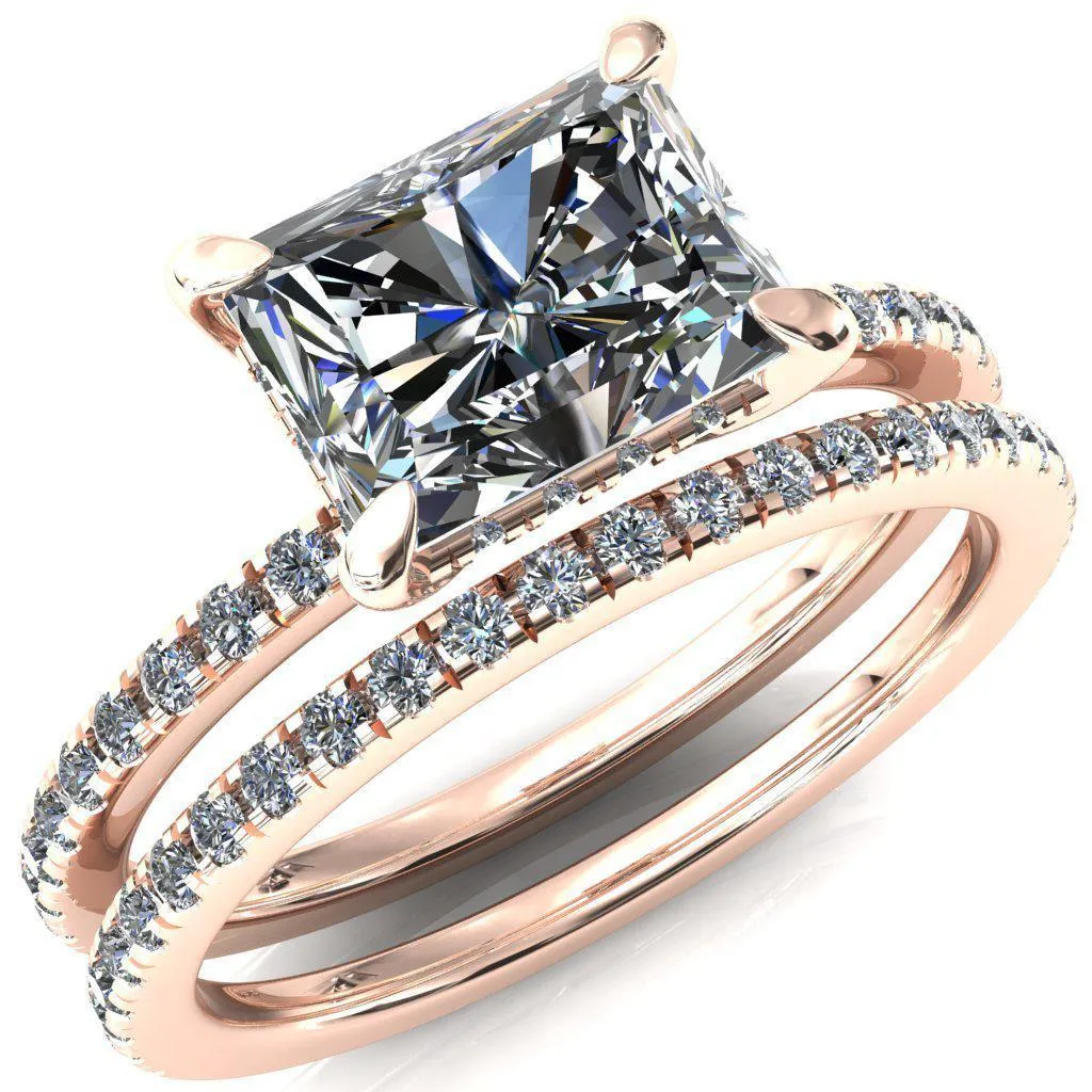 Mayeli Radiant Center Stone East-West 4 Claw Prong Micro Pave Diamond Sides Engagement Ring