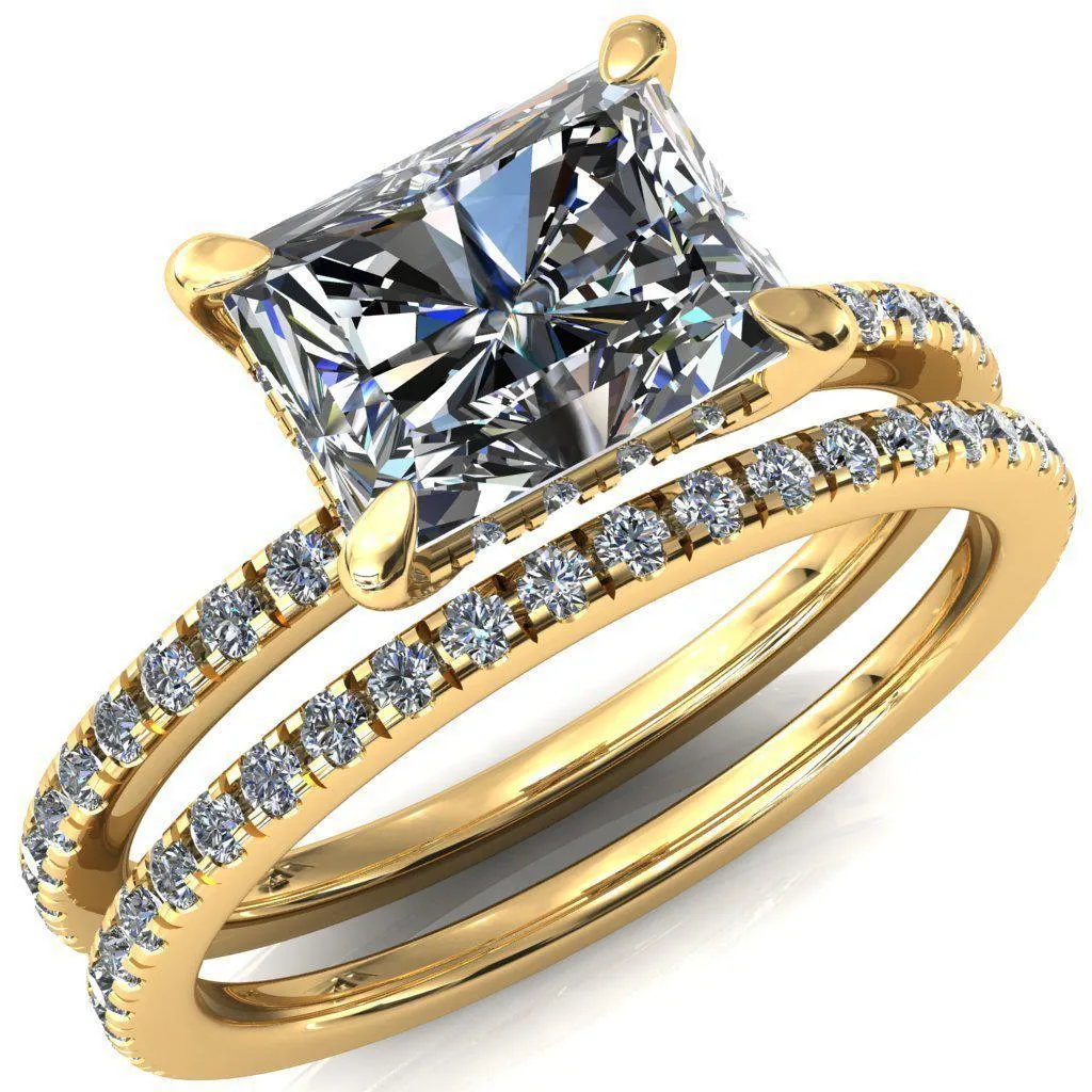 Mayeli Radiant Center Stone East-West 4 Claw Prong Micro Pave Diamond Sides Engagement Ring
