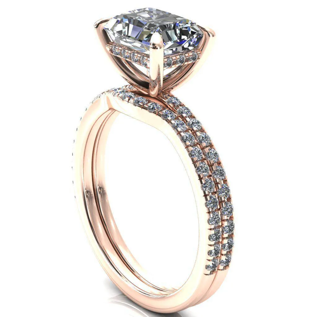 Mayeli Radiant Center Stone East-West 4 Claw Prong Micro Pave Diamond Sides Engagement Ring