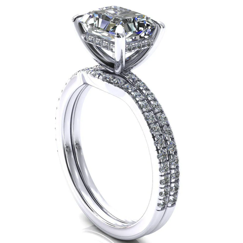 Mayeli Radiant Center Stone East-West 4 Claw Prong Micro Pave Diamond Sides Engagement Ring