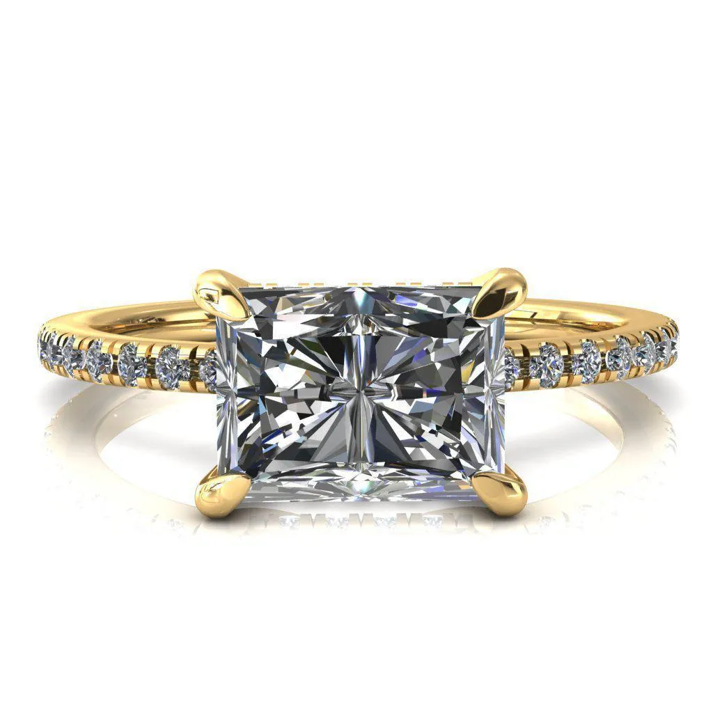 Mayeli Radiant Center Stone East-West 4 Claw Prong Micro Pave Diamond Sides Engagement Ring