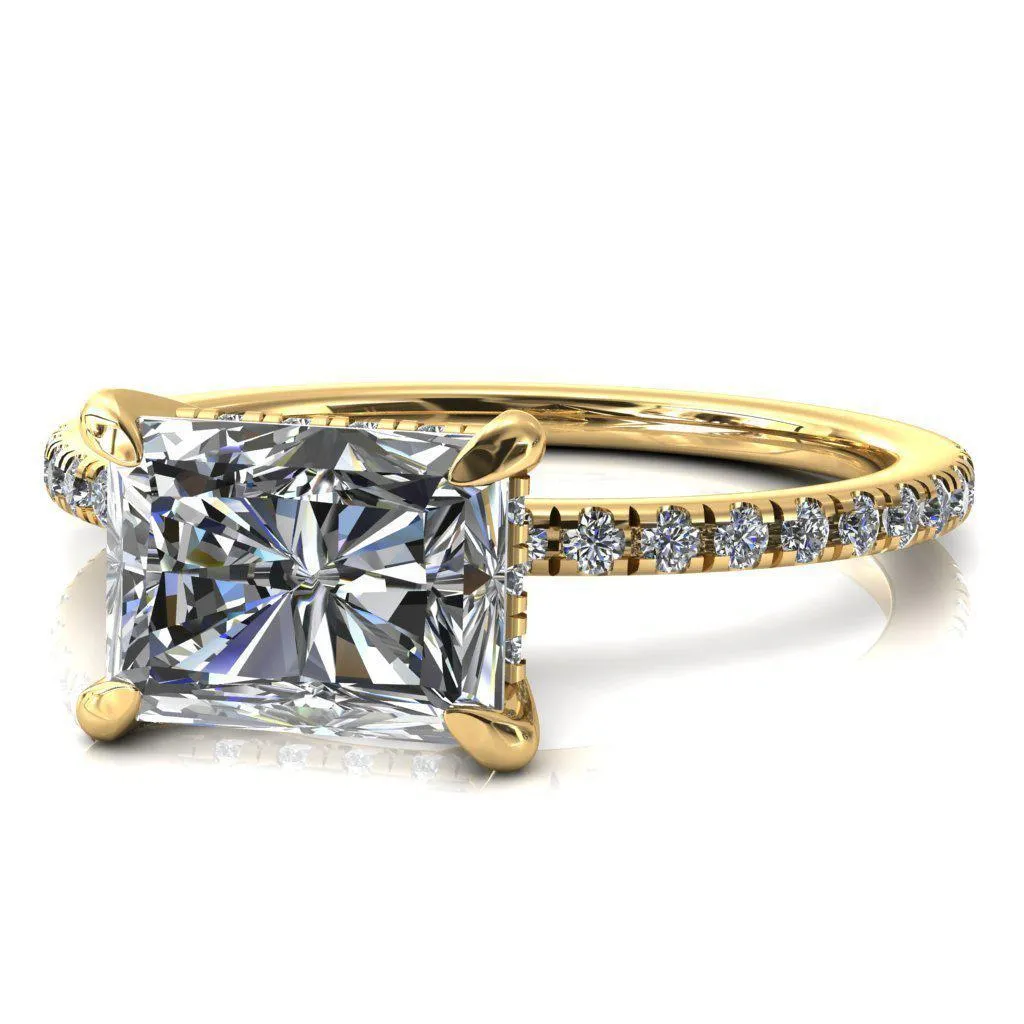 Mayeli Radiant Center Stone East-West 4 Claw Prong Micro Pave Diamond Sides Engagement Ring