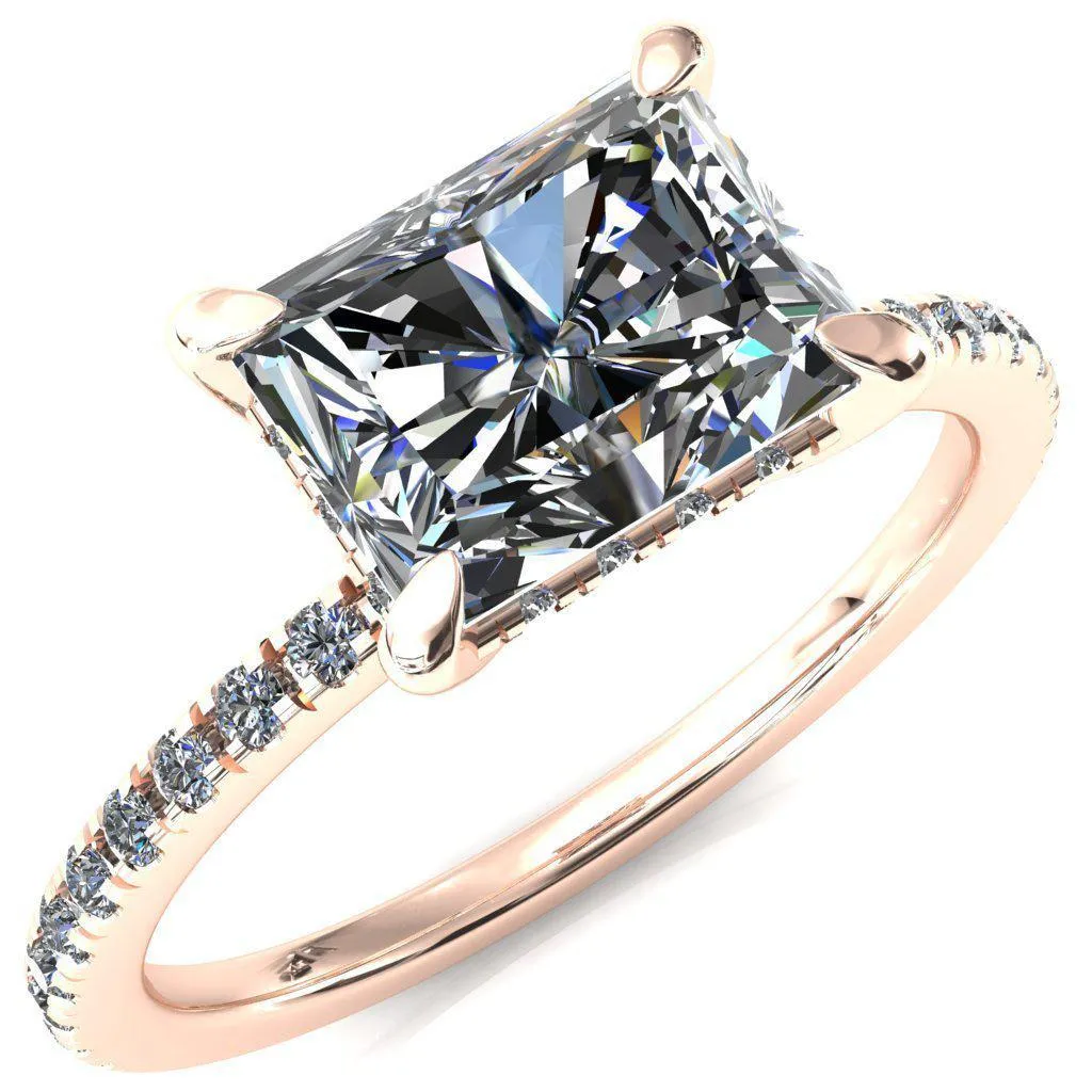 Mayeli Radiant Center Stone East-West 4 Claw Prong Micro Pave Diamond Sides Engagement Ring