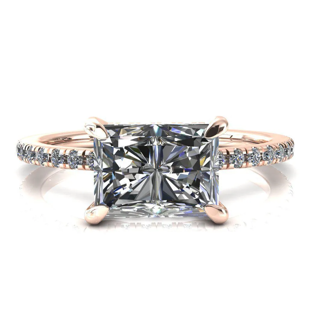 Mayeli Radiant Center Stone East-West 4 Claw Prong Micro Pave Diamond Sides Engagement Ring
