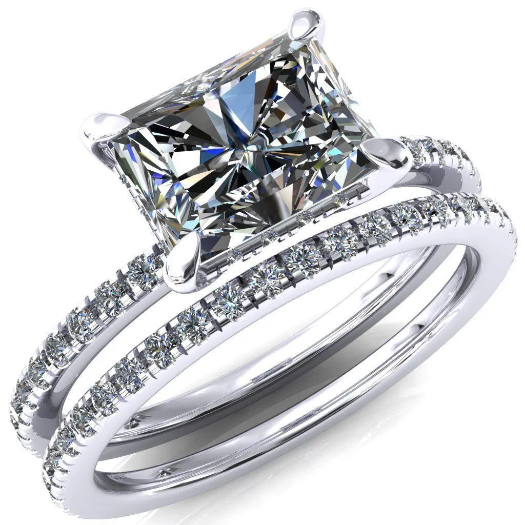 Mayeli Radiant Center Stone East-West 4 Claw Prong Micro Pave Diamond Sides Engagement Ring