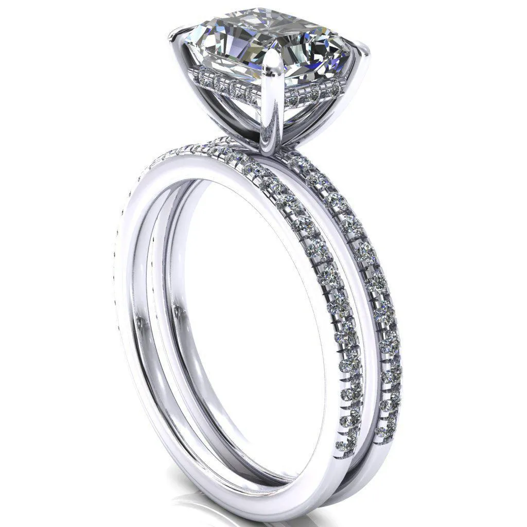Mayeli Radiant Center Stone East-West 4 Claw Prong Micro Pave Diamond Sides Engagement Ring