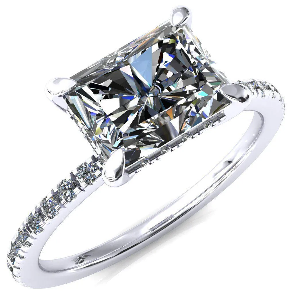 Mayeli Radiant Center Stone East-West 4 Claw Prong Micro Pave Diamond Sides Engagement Ring