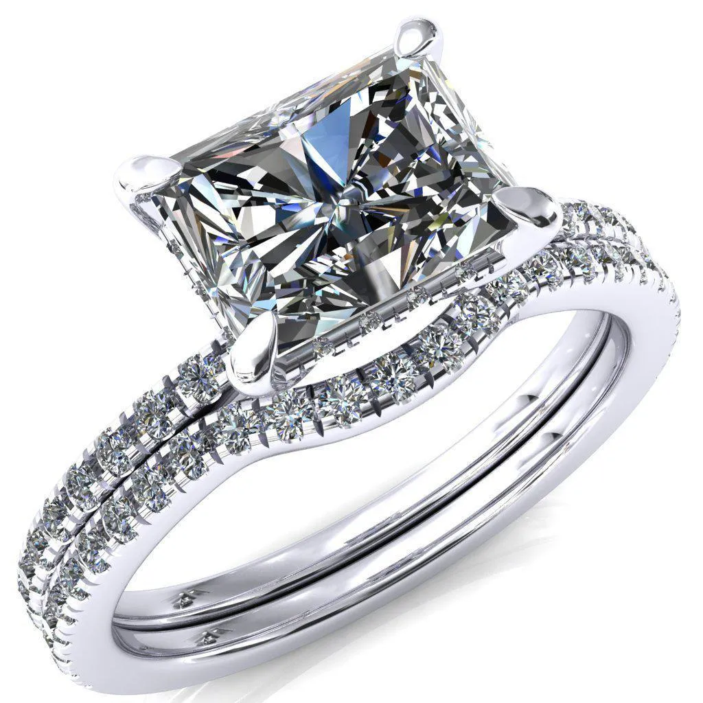 Mayeli Radiant Center Stone East-West 4 Claw Prong Micro Pave Diamond Sides Engagement Ring