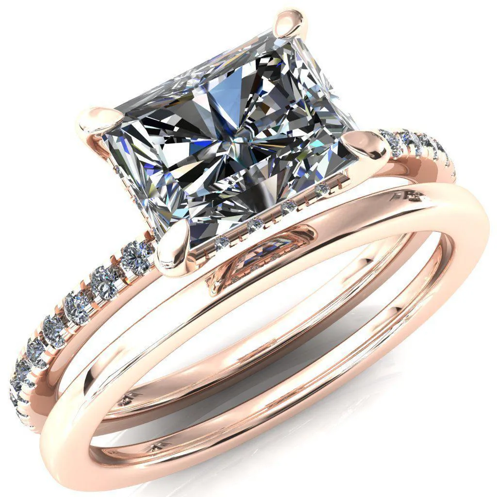 Mayeli Radiant Center Stone East-West 4 Claw Prong Micro Pave Diamond Sides Engagement Ring