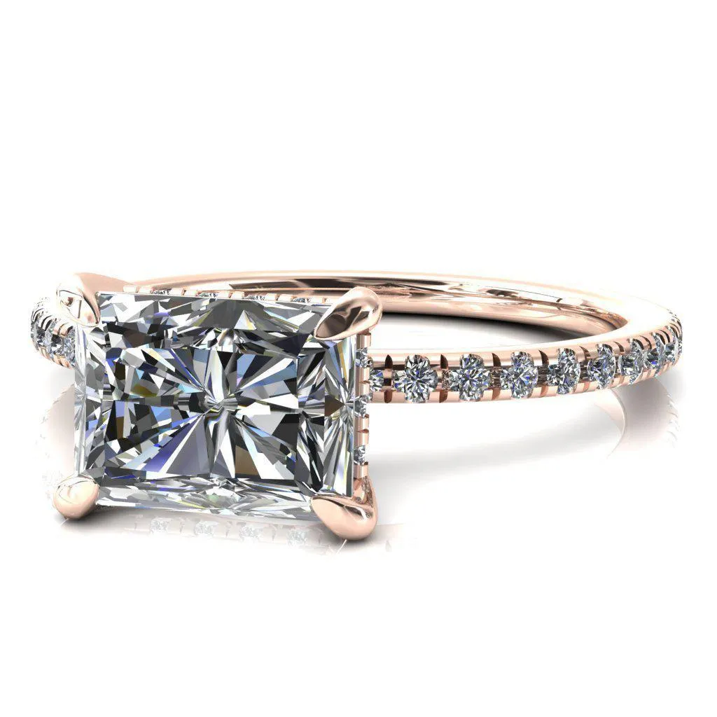 Mayeli Radiant Center Stone East-West 4 Claw Prong Micro Pave Diamond Sides Engagement Ring
