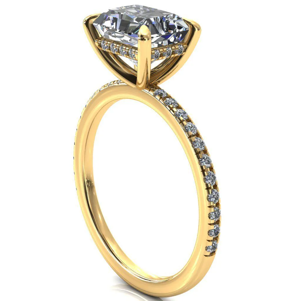 Mayeli Radiant Center Stone East-West 4 Claw Prong Micro Pave Diamond Sides Engagement Ring