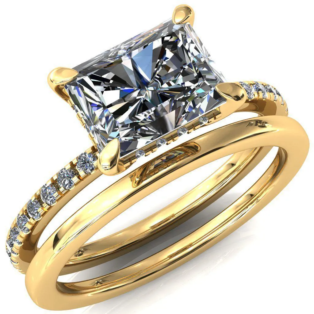 Mayeli Radiant Center Stone East-West 4 Claw Prong Micro Pave Diamond Sides Engagement Ring