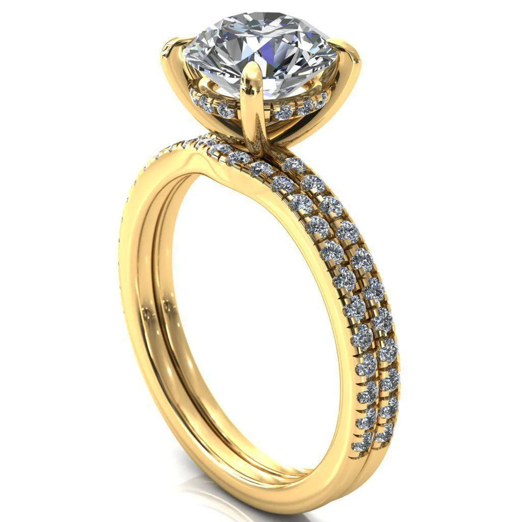 Mayeli Round Center Stone 4 Claw Prong Micro Pave Diamond Sides Engagement Ring