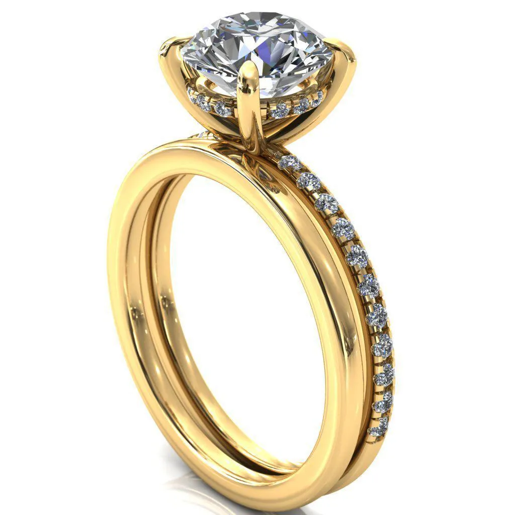 Mayeli Round Center Stone 4 Claw Prong Micro Pave Diamond Sides Engagement Ring