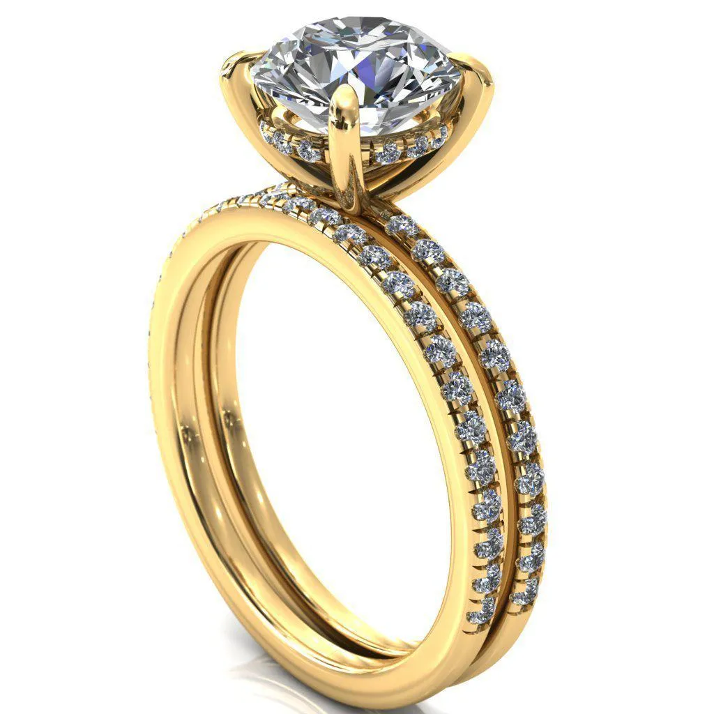 Mayeli Round Center Stone 4 Claw Prong Micro Pave Diamond Sides Engagement Ring