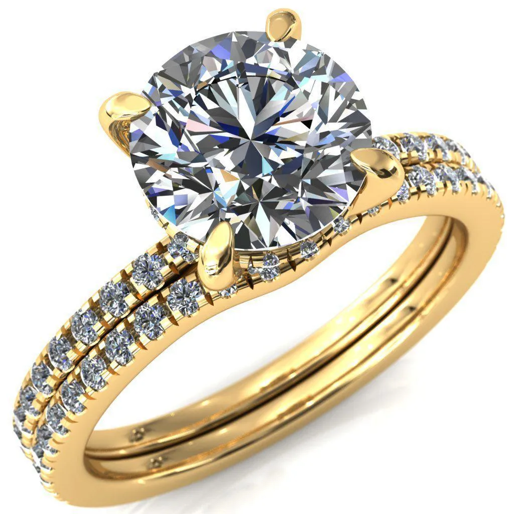 Mayeli Round Center Stone 4 Claw Prong Micro Pave Diamond Sides Engagement Ring