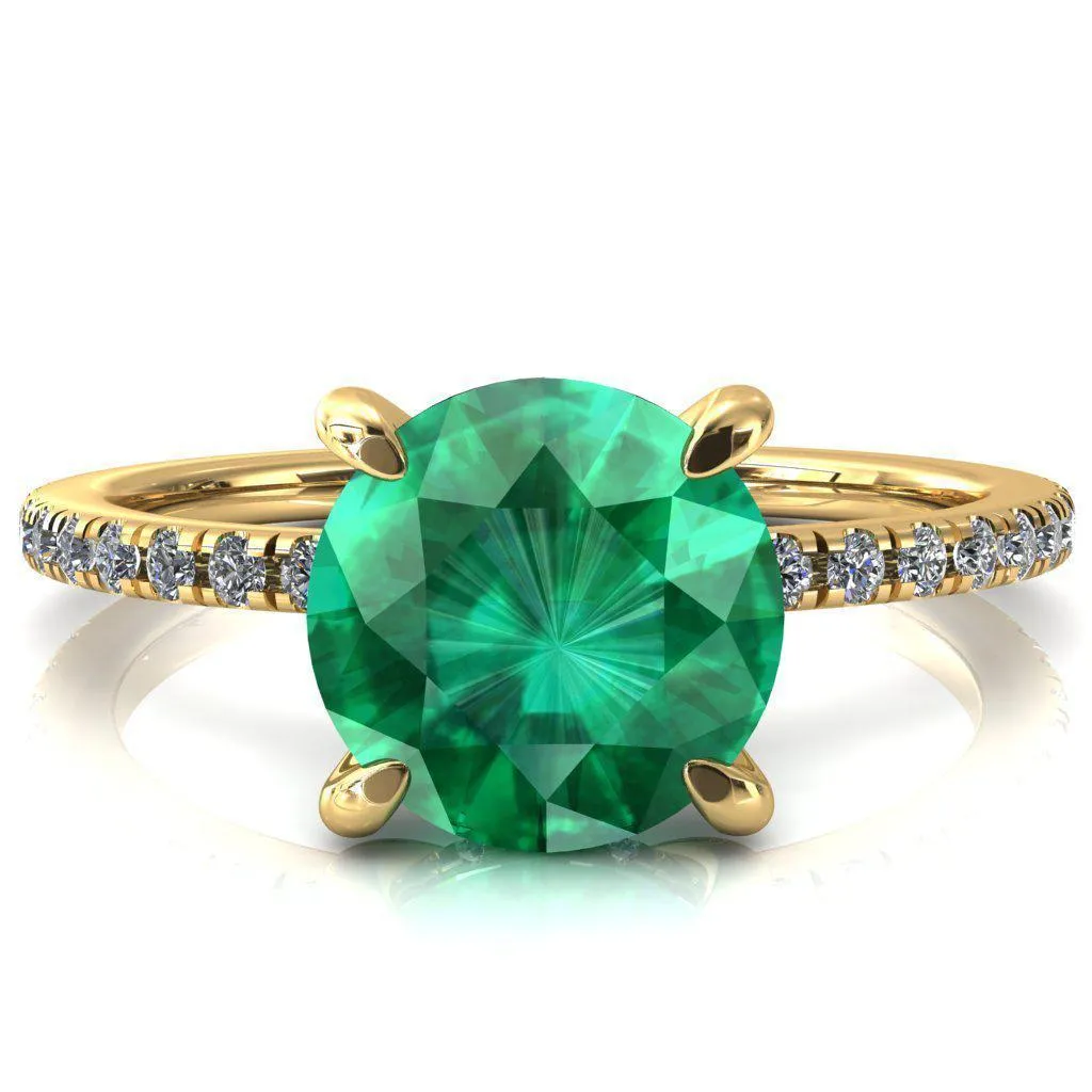 Mayeli Round Emerald 4 Claw Prong Micro Pave Diamond Sides Engagement Ring