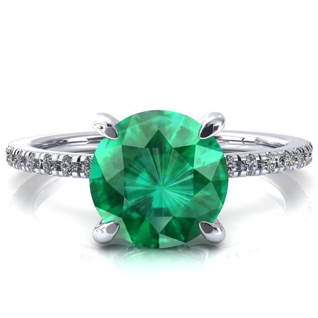 Mayeli Round Emerald 4 Claw Prong Micro Pave Diamond Sides Engagement Ring