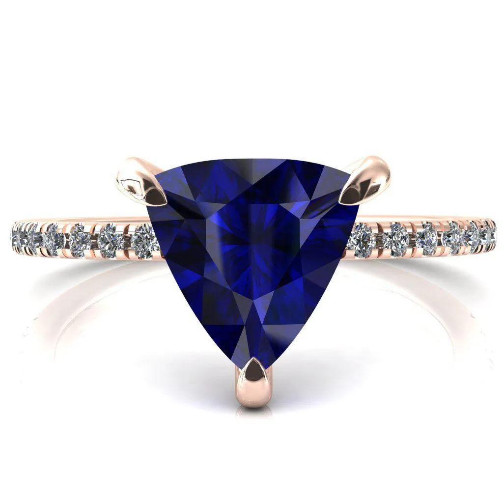 Mayeli Trillion Blue Sapphire 3 Claw Prong Micro Pave Diamond Sides Engagement Ring