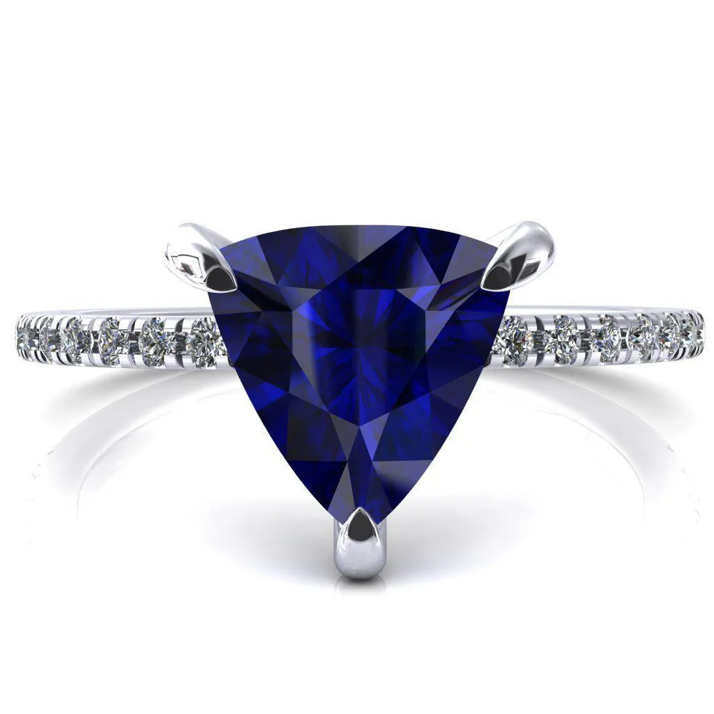 Mayeli Trillion Blue Sapphire 3 Claw Prong Micro Pave Diamond Sides Engagement Ring