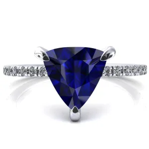 Mayeli Trillion Blue Sapphire 3 Claw Prong Micro Pave Diamond Sides Engagement Ring