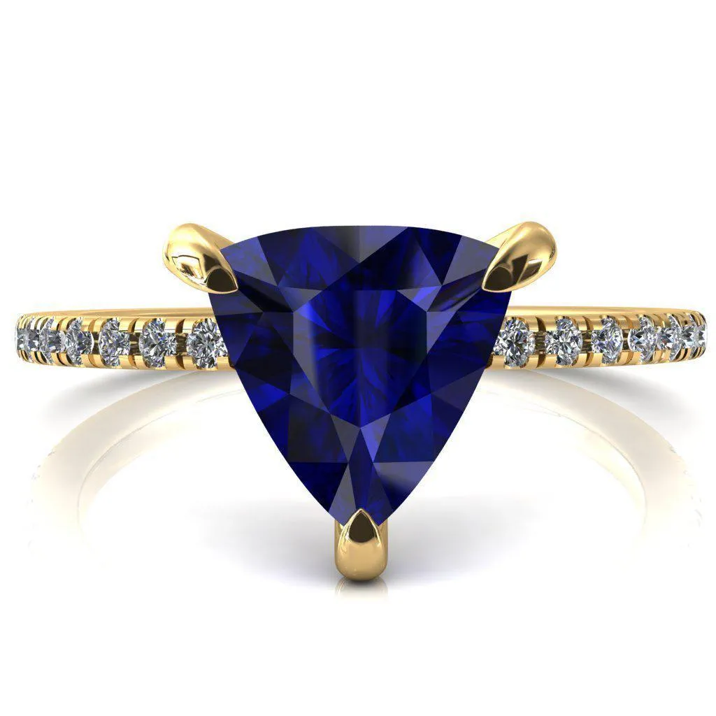 Mayeli Trillion Blue Sapphire 3 Claw Prong Micro Pave Diamond Sides Engagement Ring