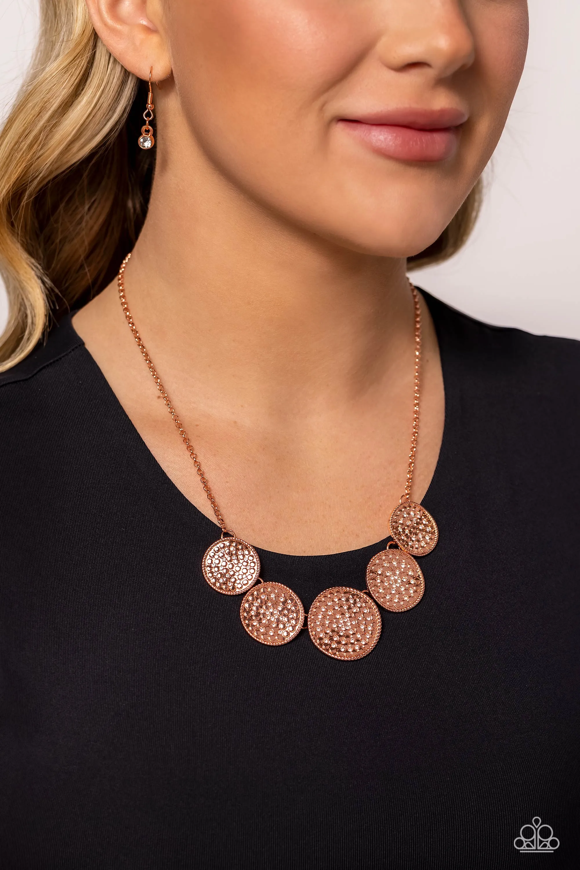Medaled Mosaic - Copper - White Rhinestone Warped Textured Disc Paparazzi Short Necklace
