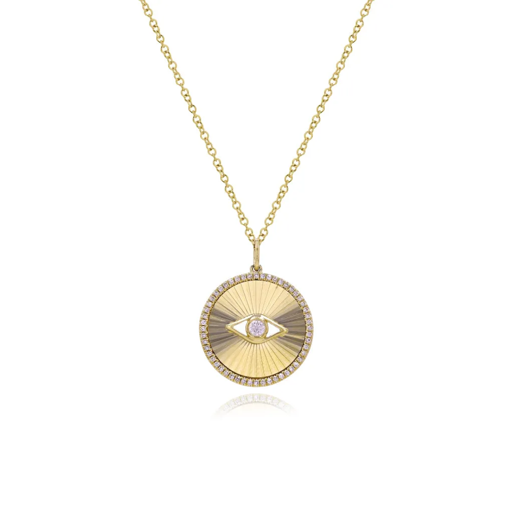 Medium Fluted Disc Evil Eye Pave  Necklace