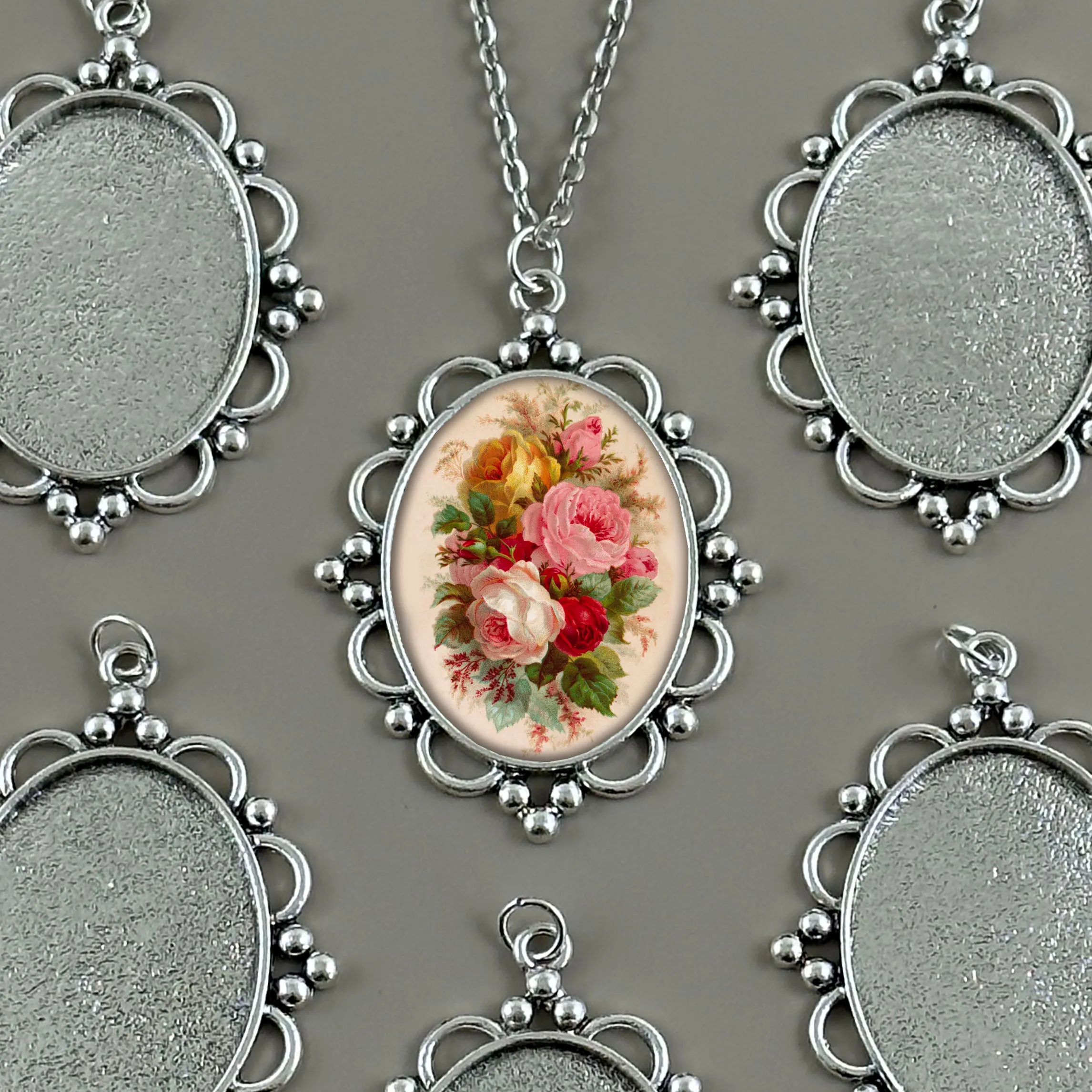 Mega Kit Photo Necklaces with 40x30mm Antique Silver Beaded Flower Oval Photo Pendants