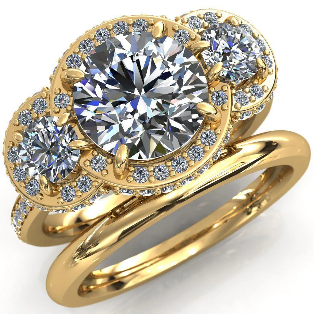 Melissa Round Center Stone 3 Stone Triple Halo Diamond Accent Ring