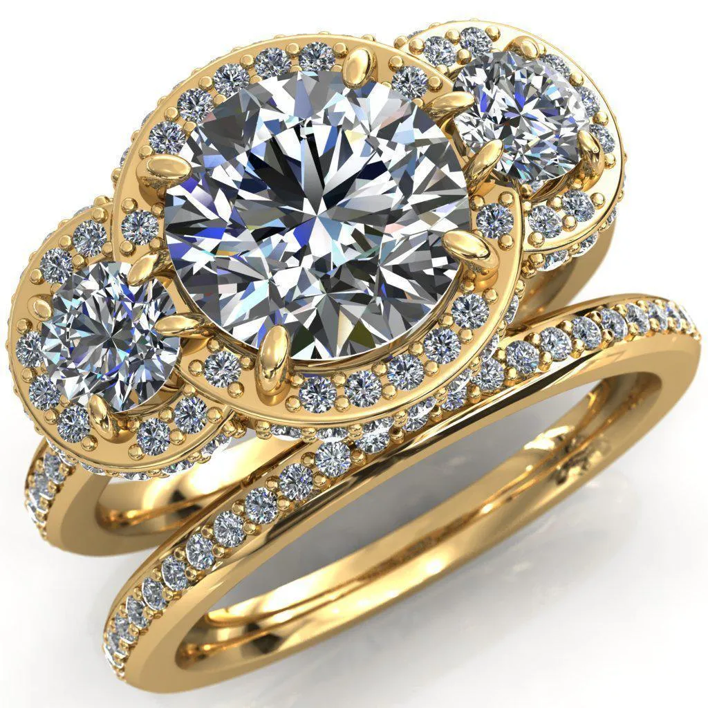 Melissa Round Center Stone 3 Stone Triple Halo Diamond Accent Ring